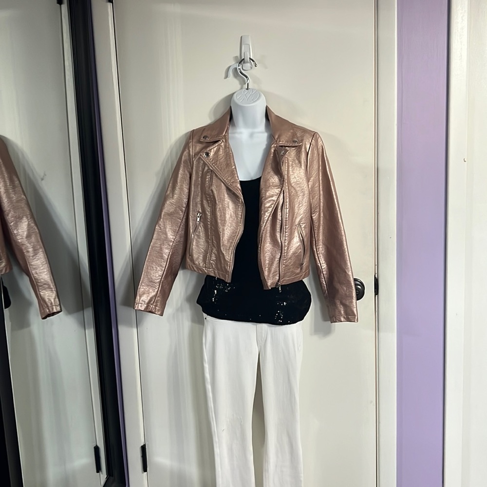 Pink Rose Gold Metallic Leather Jacket.